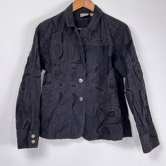 Chicos Black Abstract Art to Wear Contrast Stitch Button Blazer Jacket M 1 FLAW - Picture 2 of 10